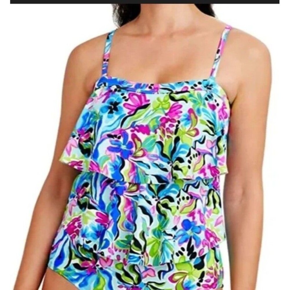 Caribbean Joe Bathing Suit Swim Multicolor Geometric Tiered One Piece Sz Medium